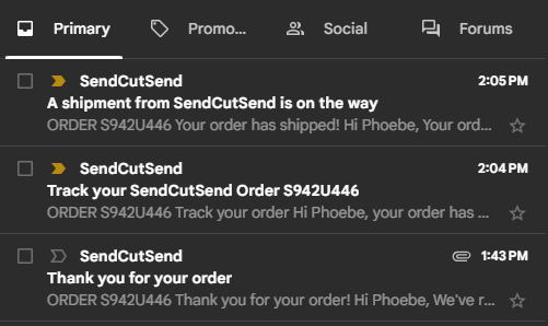 Order status emails from SendCutSend