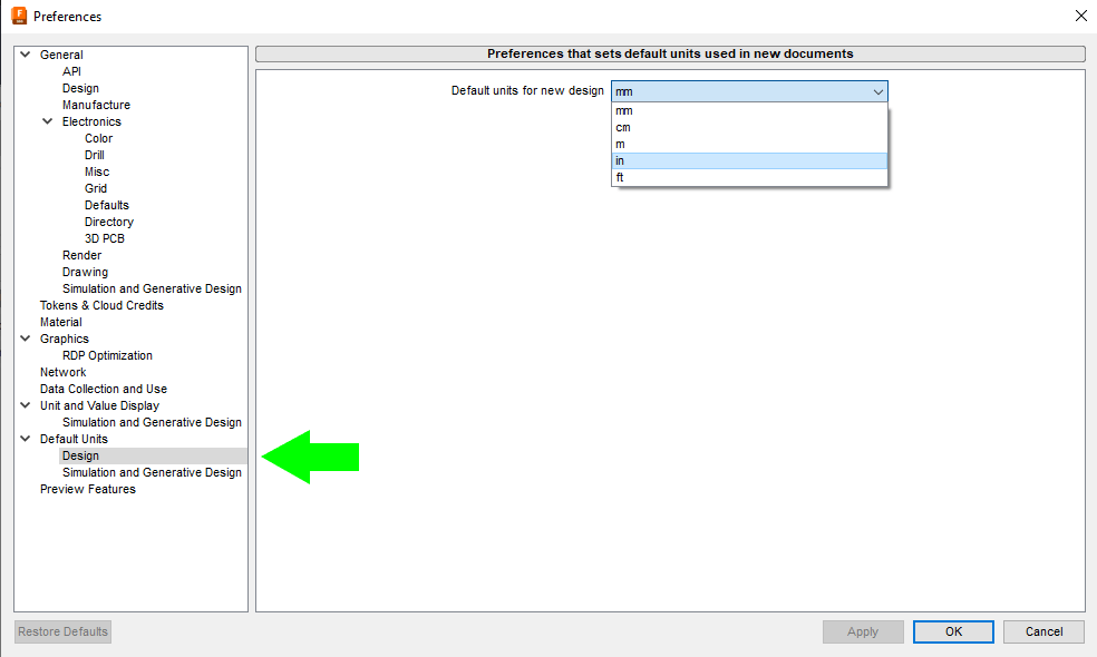Set your default units to either inches or millimeters under Default Units > Design in Fusion preferences