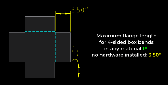Maximum flange length for 4-sided box bends without hardware is 3.50"