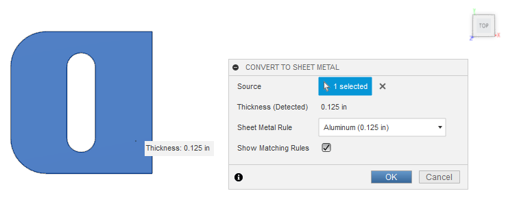Sheet metal rules that match the thickness you specified when extruding will be shown if the Show Matching Rules box is ticked.