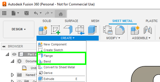 In Fusion 360, navigate to the Sheet Metal tab and click CREATE. Find the Flange and Bend tools in the dropdown menu.