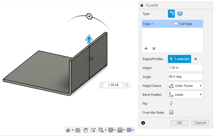 Use the Flange tool to add flanges to your sheet metal base. Set the dimensions to the desired finished outcome.