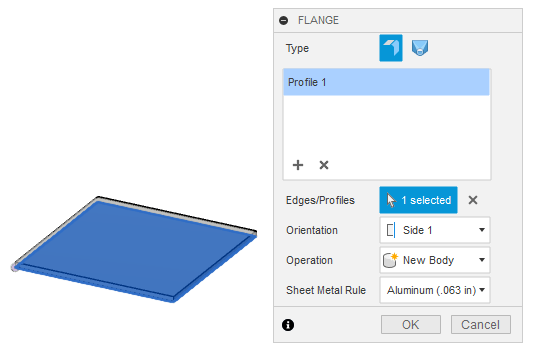 Use the Flange tool to extrude your part's base and set the correct sheet metal rule.