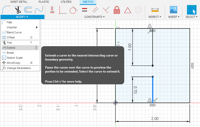 To join sketch lines in Fusion and create one bend, you can click MODIFY and choose Extend to extend a line or curve to the nearest intersecting boundary geometry.
