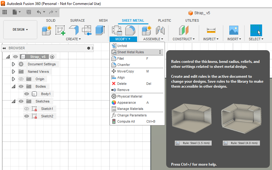 To add sheet metal rules in Autodesk Fusion, navigate to the Sheet Metal tab and click the MODIFY dropdown menu. Then select Sheet Metal Rules.