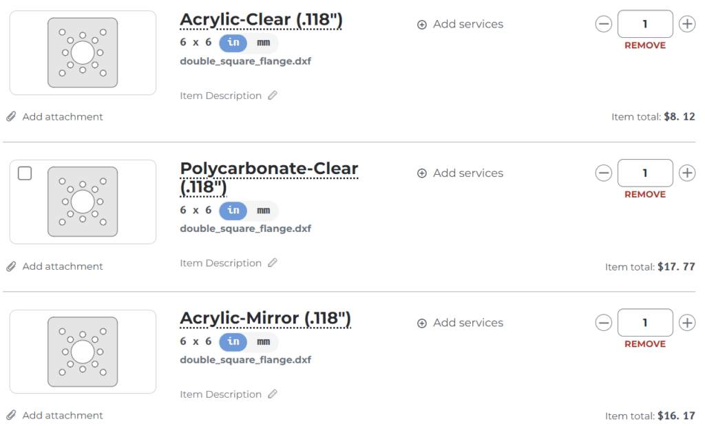 Cost difference between acrylic and polycarbonate when ordering parts from SendCutSend website