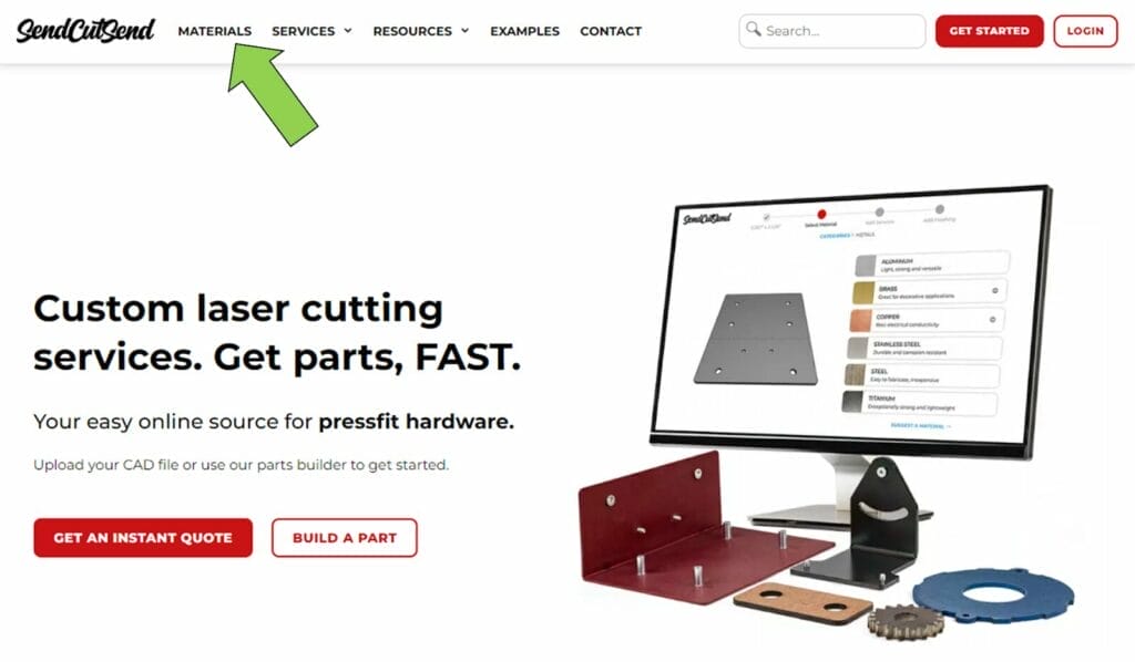 Screen shot of the SendCutSend homepage with an arrow pointing to the materials section