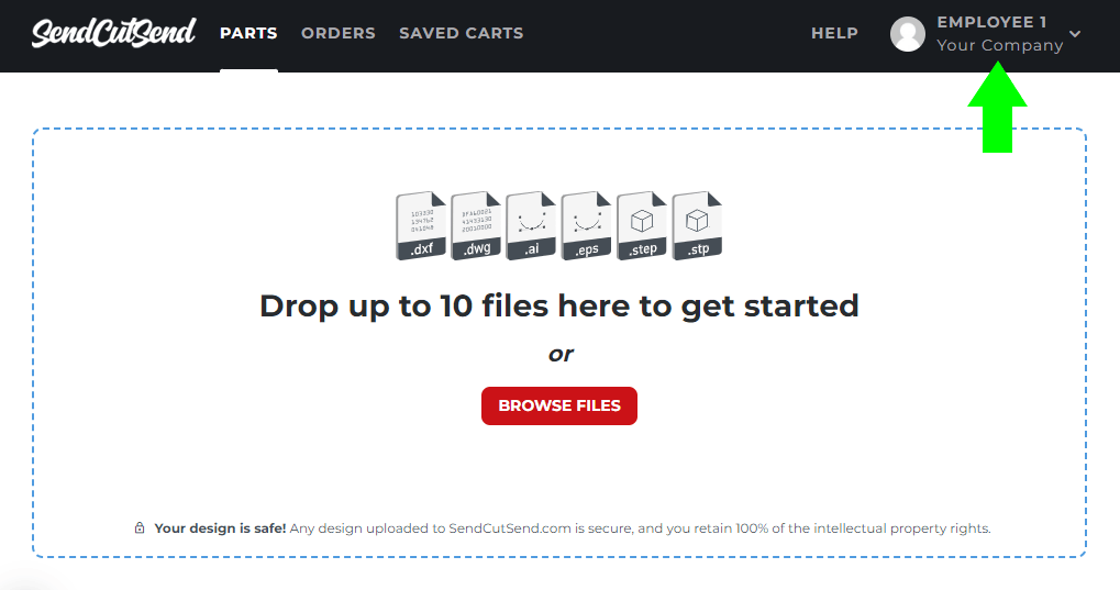 Once your SendCutSend account is added to your company's organization, you'll see your company's name under yours when logged into your account.