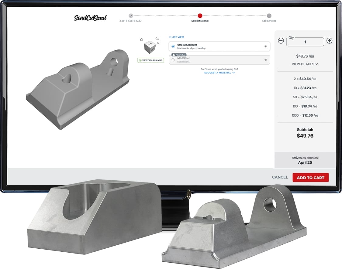 Ordering CNC machined parts at SendCut Send is easy. Order in minutes, receive parts in days
